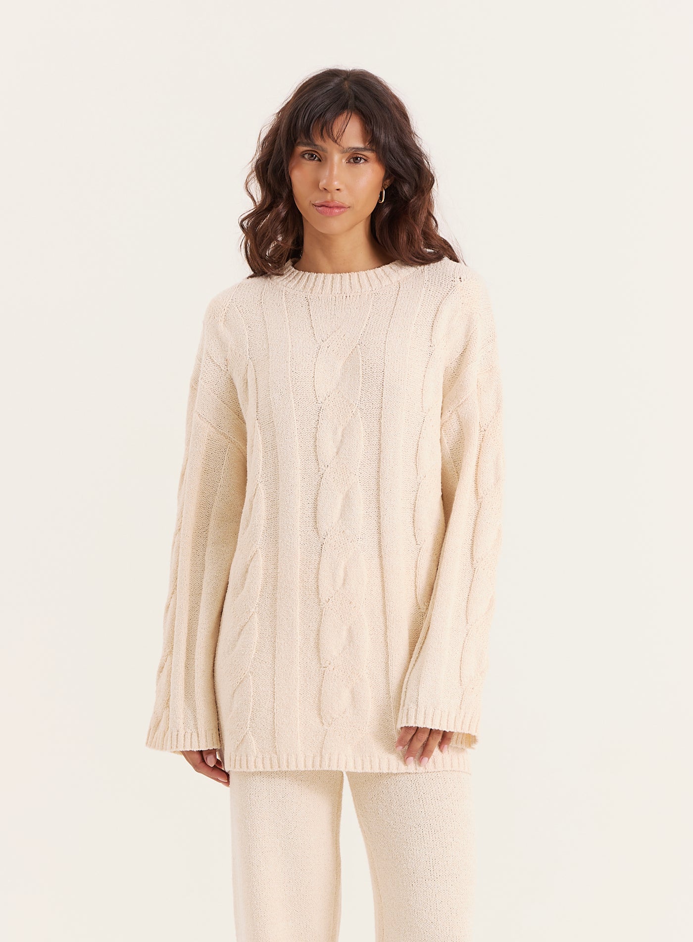 Ecru Fine Cable Knit Long Sleeve Jumper